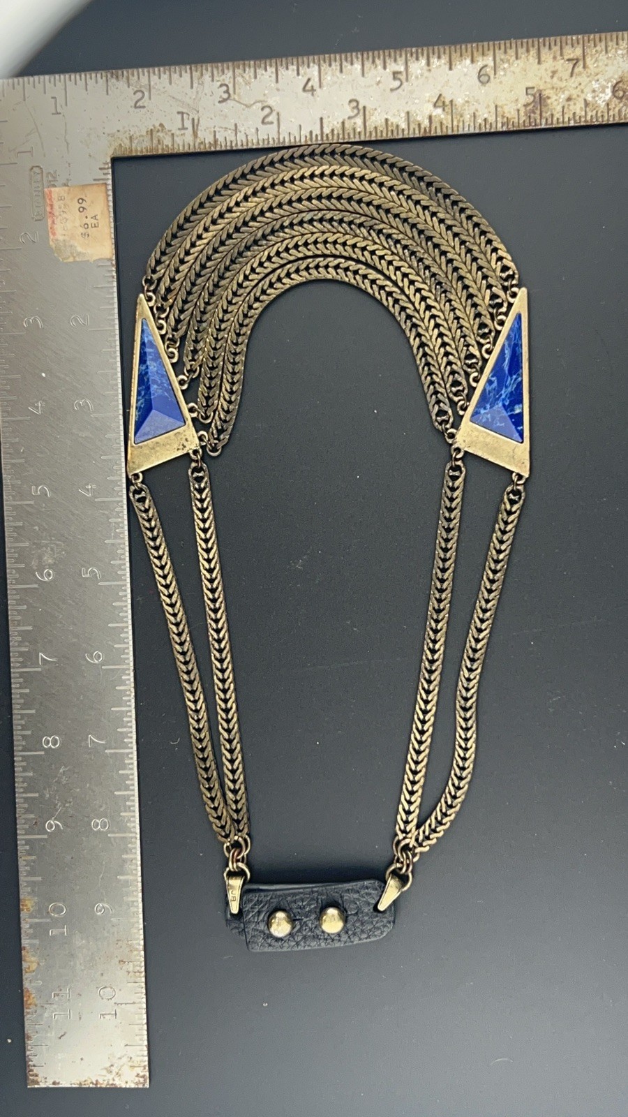 Jenny Bird Multi Strand Brass Chain Statement Bib Necklace Blue Lapis Triangles