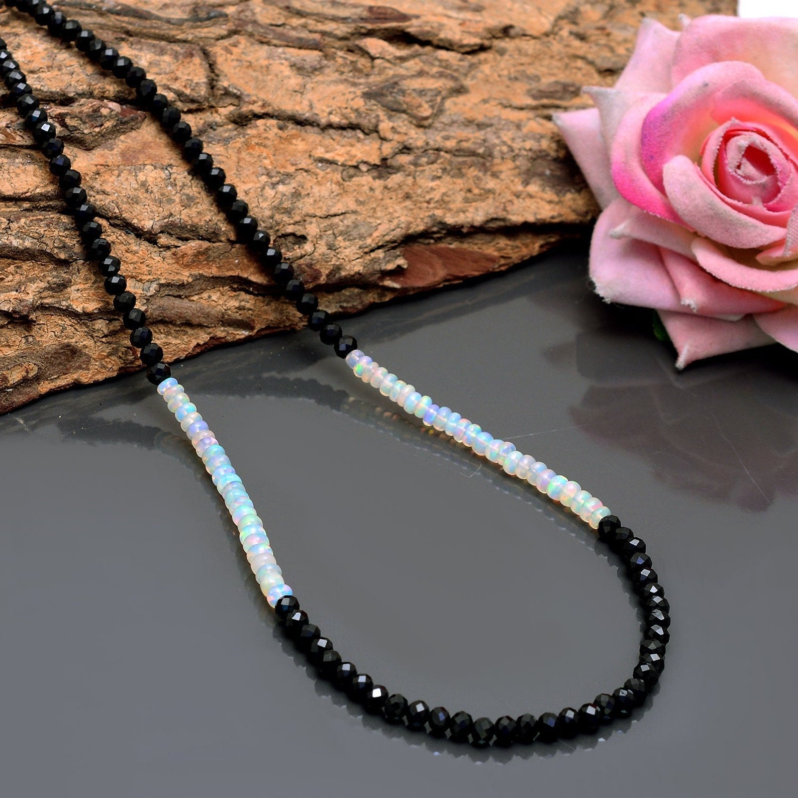 Black Spinal & Opal 2 Multi Faceted Rondelle Gemstone Beads Choker Necklace 18”