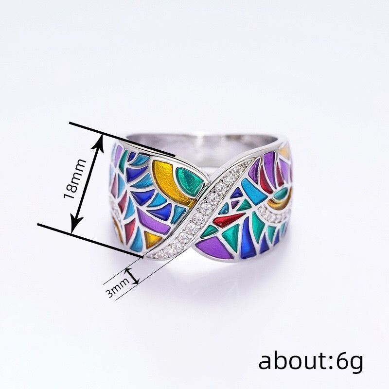 Fashion Women White Gold Plated CZ Multicolor Enamel Wide Band Ring