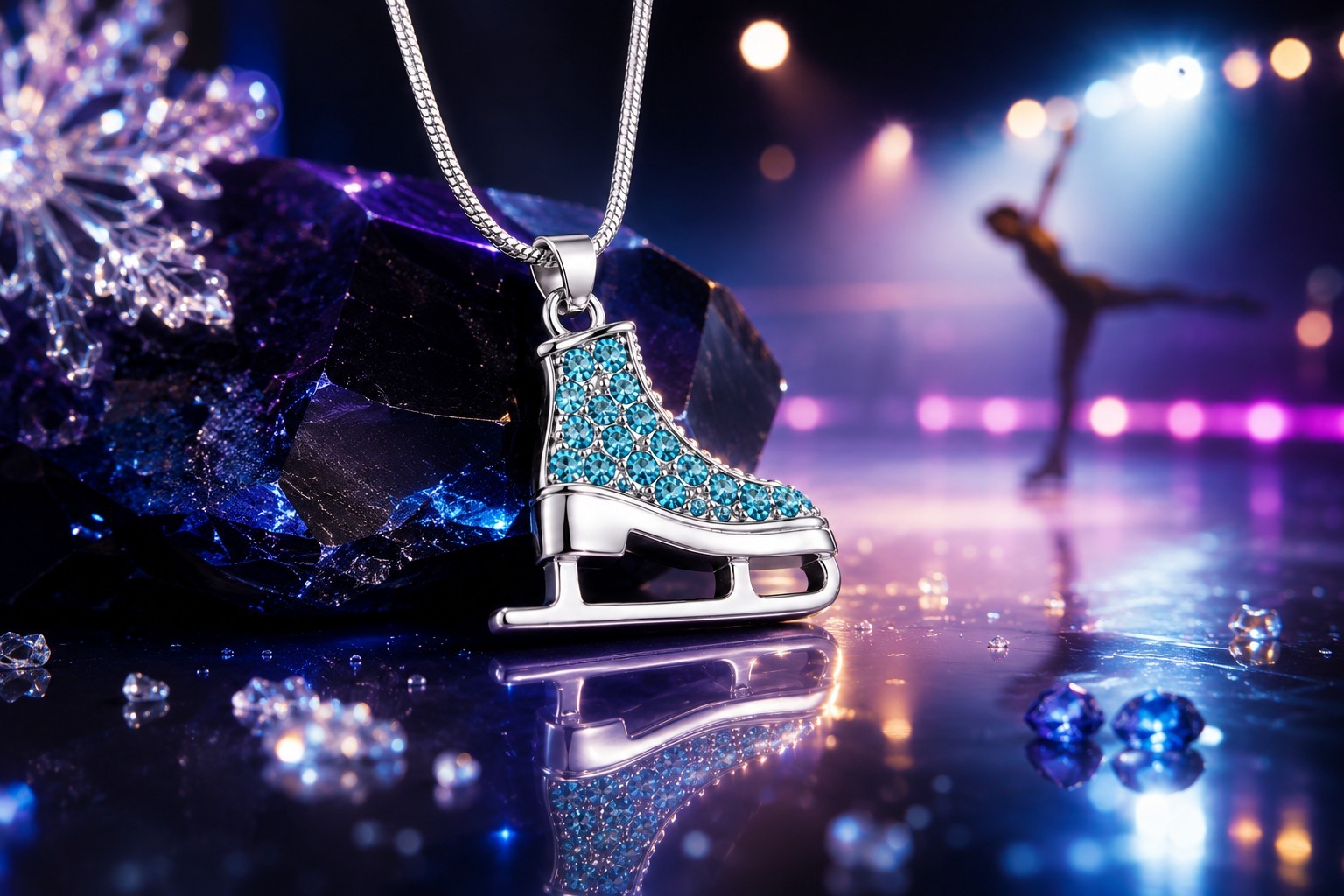 Blue Ice Skate Pendant Necklace Silver Tone Blue Stone Accent 18″ Chain