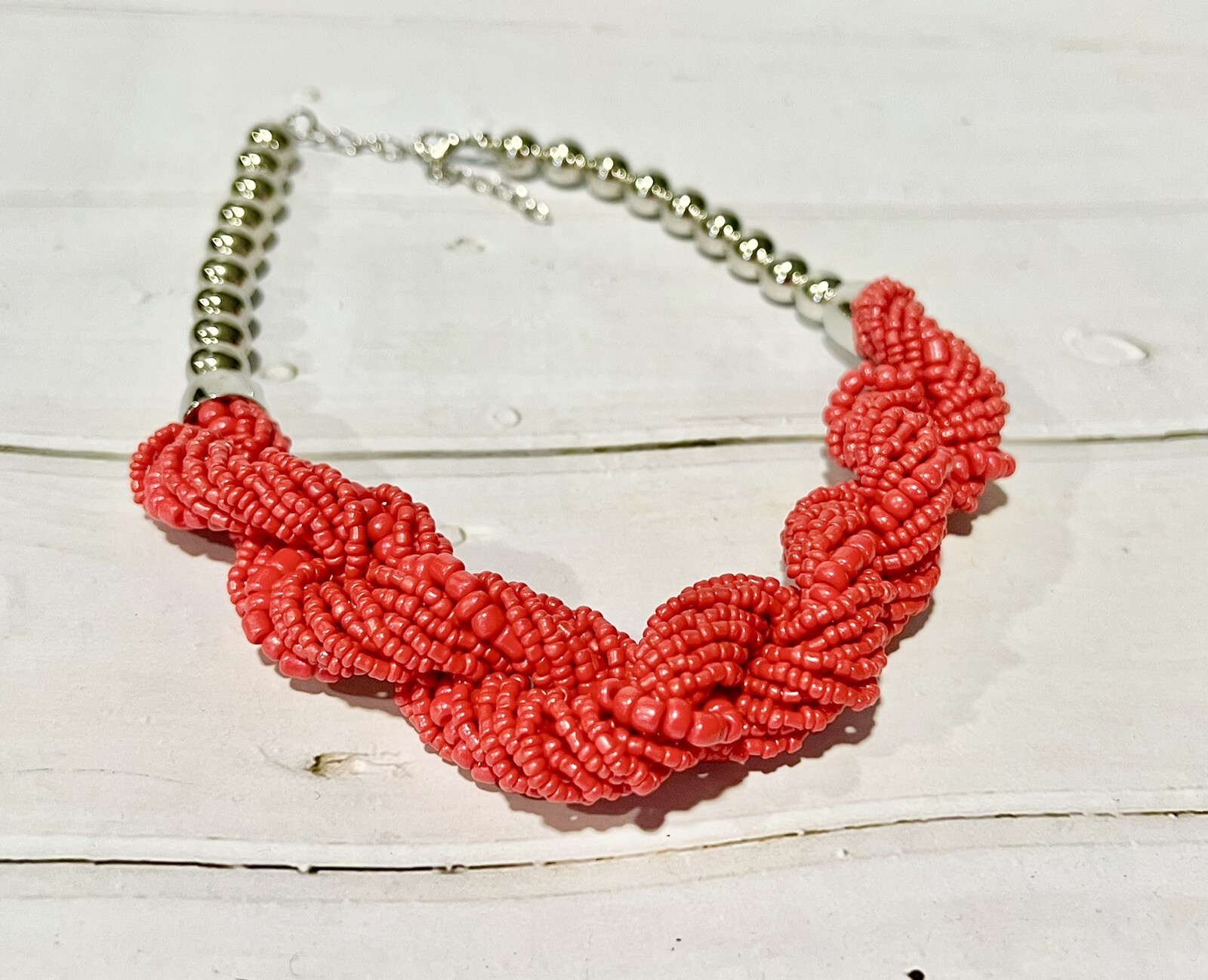 New Red Coral Seed Bead Twisted Necklace 16 inches W/ adjustable 3 Inch Extender