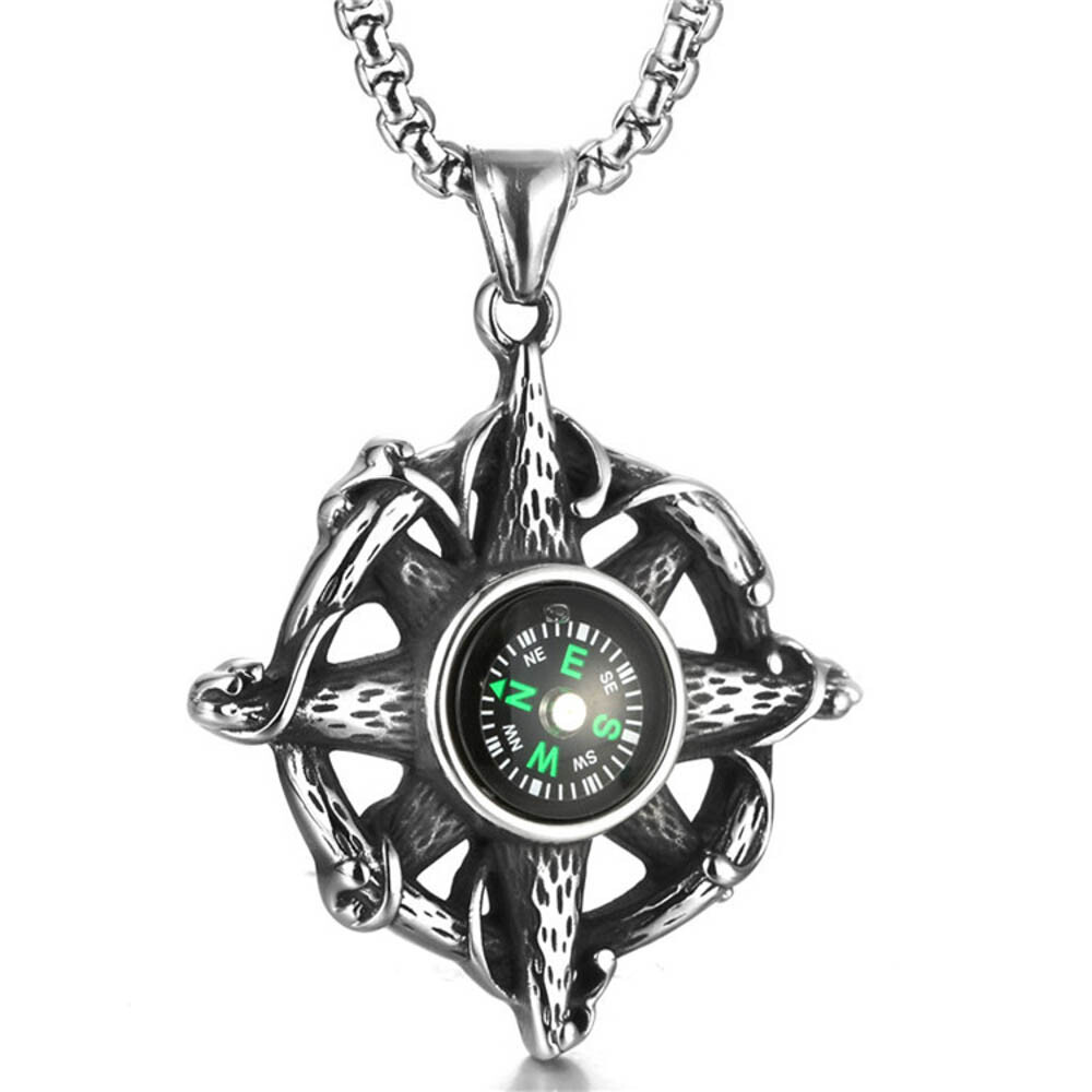 Working Compass North Star Souvenir Pendant Necklace w 24 Inch Box Chain