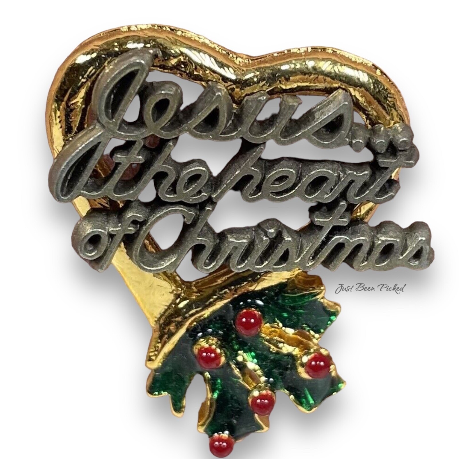 Roman Inc Jesus the Heart of Christmas Pin Gold Pewter Religious Holly Boxed