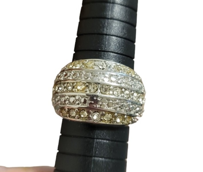 Silvertone Clear Crystal Domed Ring Size 10 Unisex Wide Band Pave Setting