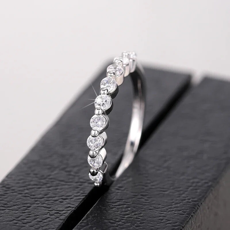 Seven Stone Silver Plated Brass Cubic Zirconia Wedding Band Ring Size 10