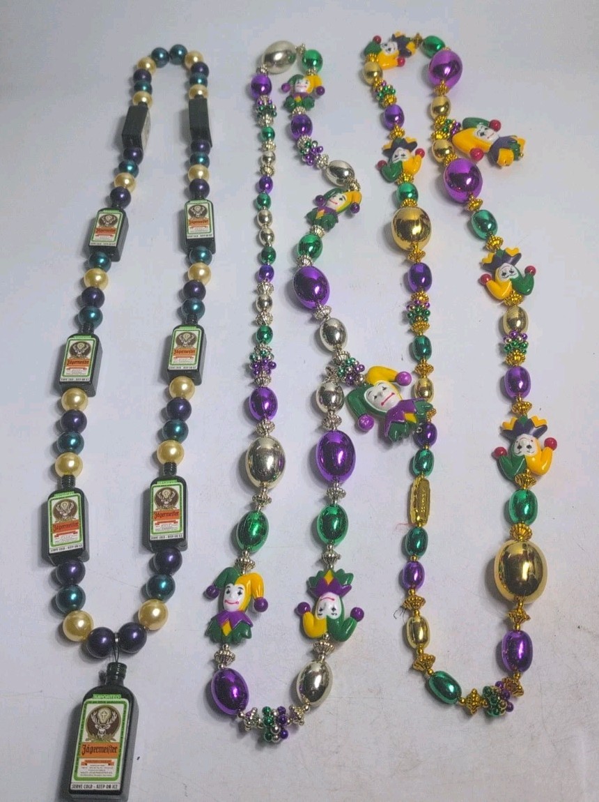 Super Fancy jägermeister & Jesters Mardi Gras Beaded Necklaces 40 inches long