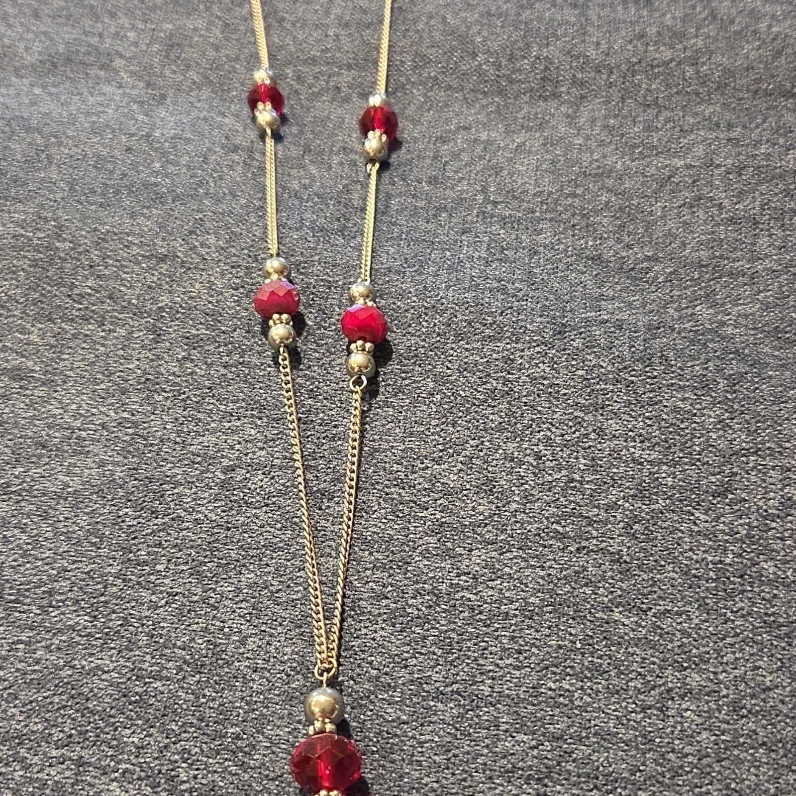 Gold Tone Cable Chain Necklace Red Round Crystal Beads Tassel Pendant