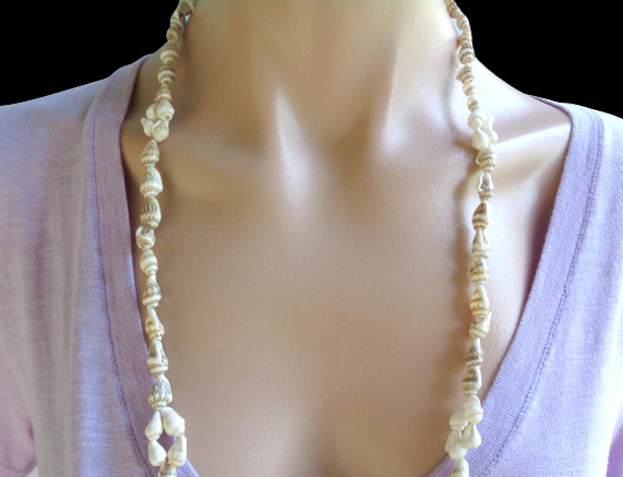 Small Off White Beige Brown Seashell Beach Ocean Necklace Long Pullover Jewelry