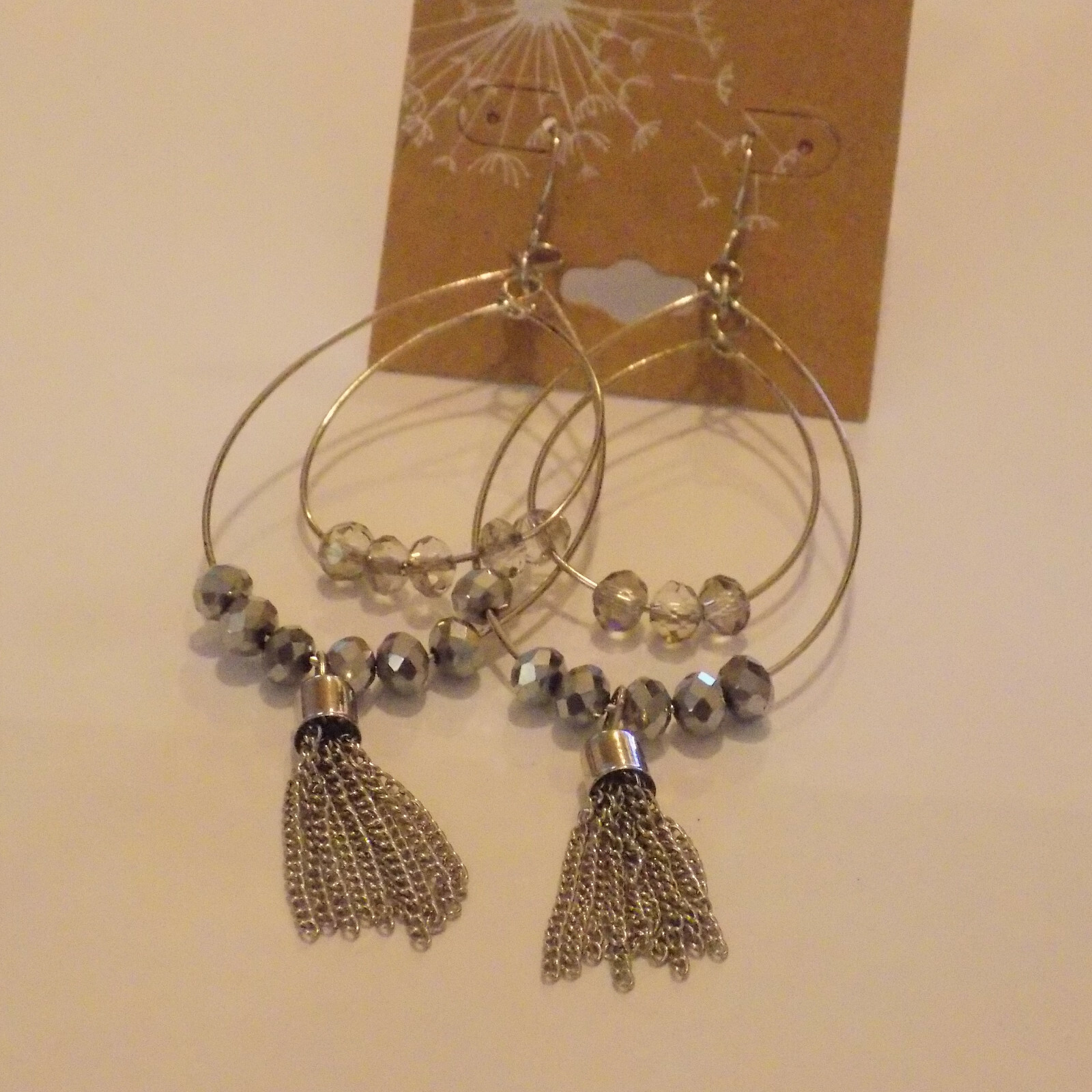 Pierce Earrings Silver-tone 4″ tall dangle earrings with beads & tassel (132)