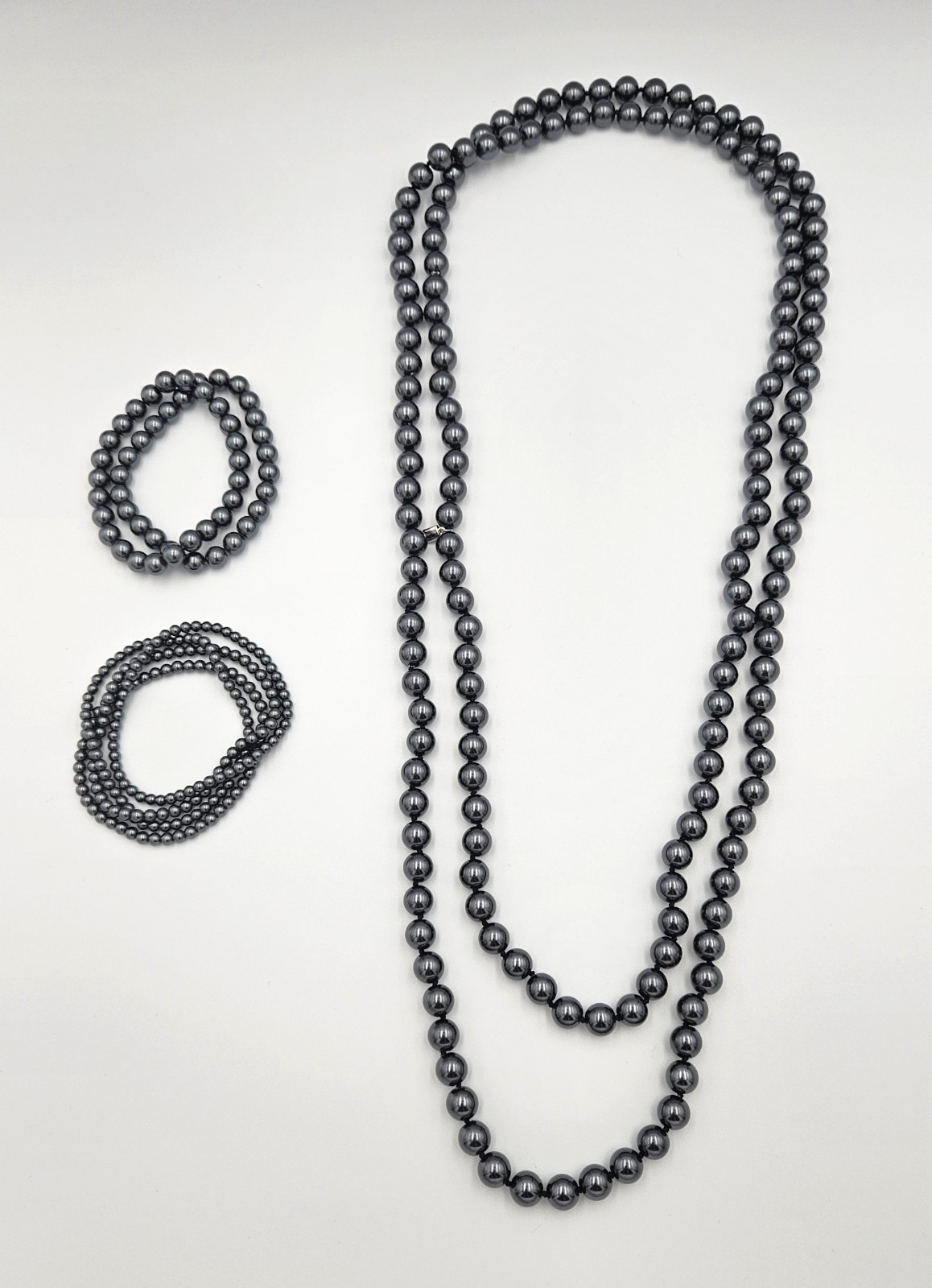 Michael Kors Dark Gray Faux Pearl Beaded Long Necklace & 6 Beaded Bracelets Set