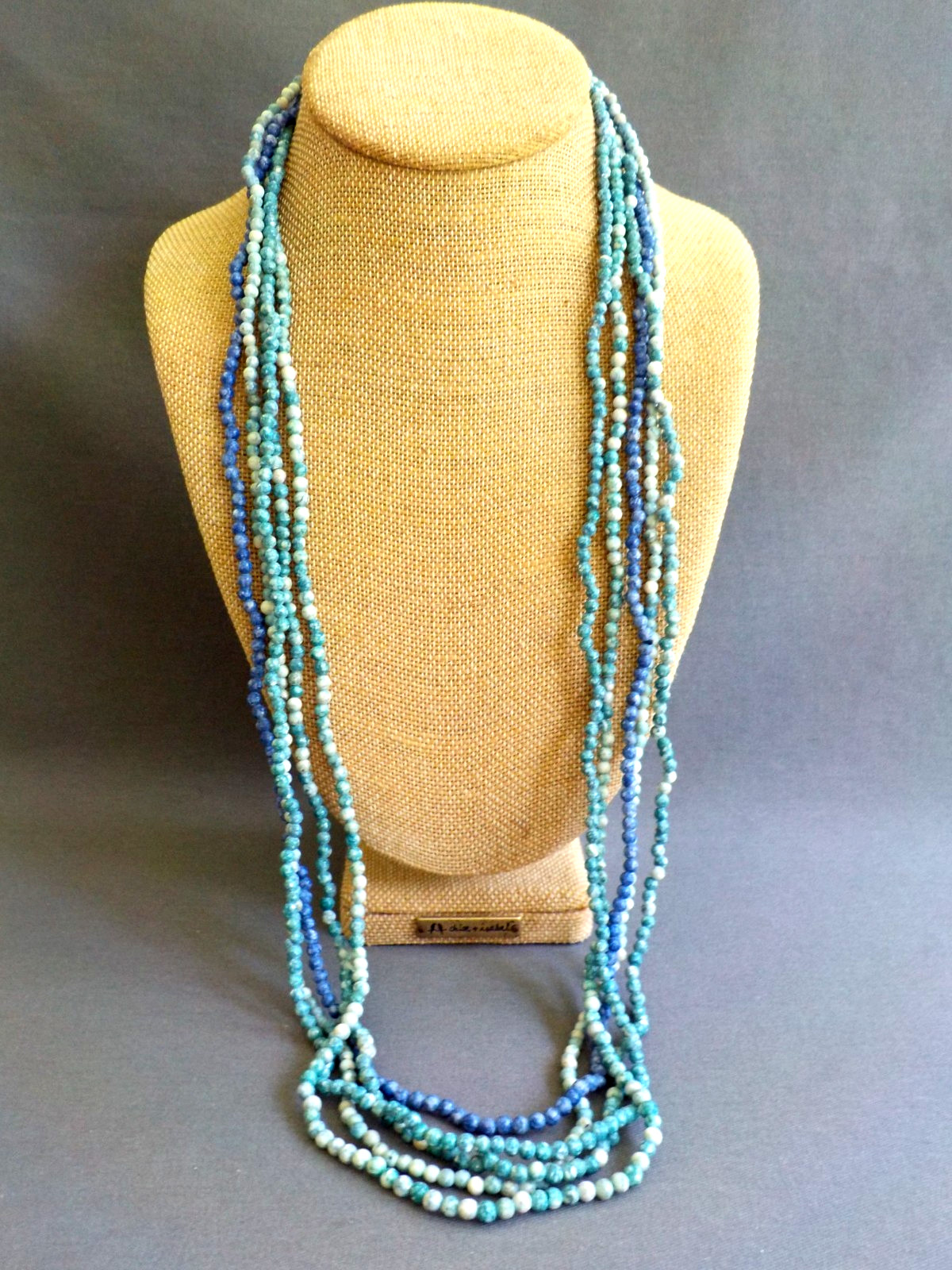 5 Single Strand Variety Shades of Blue Stone Bead Necklace No Clasp 32″ Around