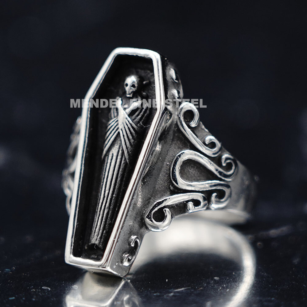 MENDEL Gothic Mens Stainless Steel Coffin Shaped Punk Biker Skull Ring Size 7-15