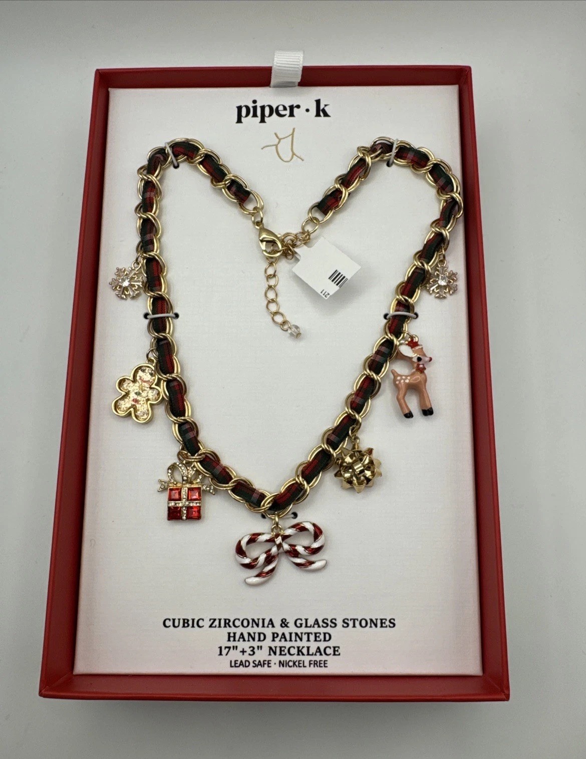 Piper K Christmas Rudolph Charm Necklace Plaid Ribbon Bows Gingerbread New