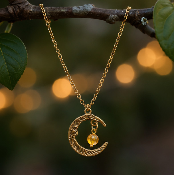 Gold Moon Face Necklace | Celestial Crescent Moon | Sun Catcher Crystal Charm
