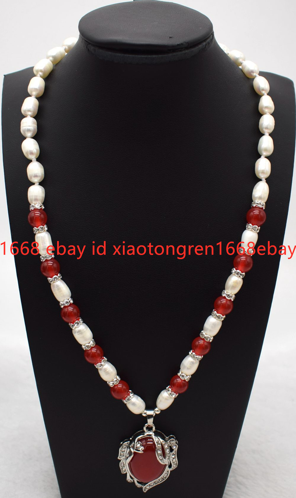 New Fashion Natural 9-10mm Rice Pearl & Red Jade Oval Pendant Necklace 16-26in