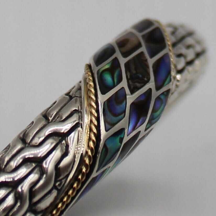 Bali Made 925 & 18K Gold Hinged Bangle Abalone & Dragon Bone Motif Signed