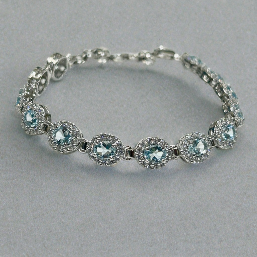 Aquamarine Oval 5×4 MM 925 Silver 14k White Gold Plated Tennis Bracelet- 7.5 In.