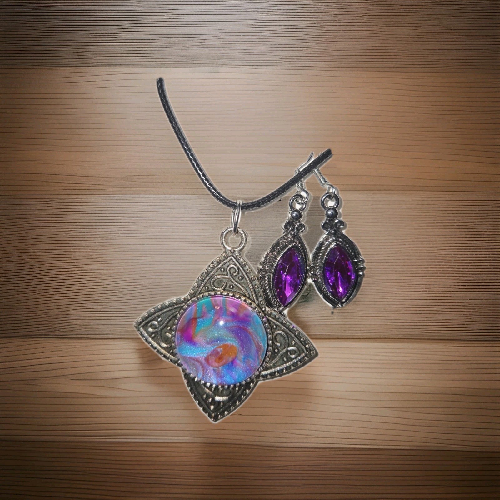 Acrylic Paint Pendant Necklace & Earrings Set 0105 Purple Blue Aqua Multicolor