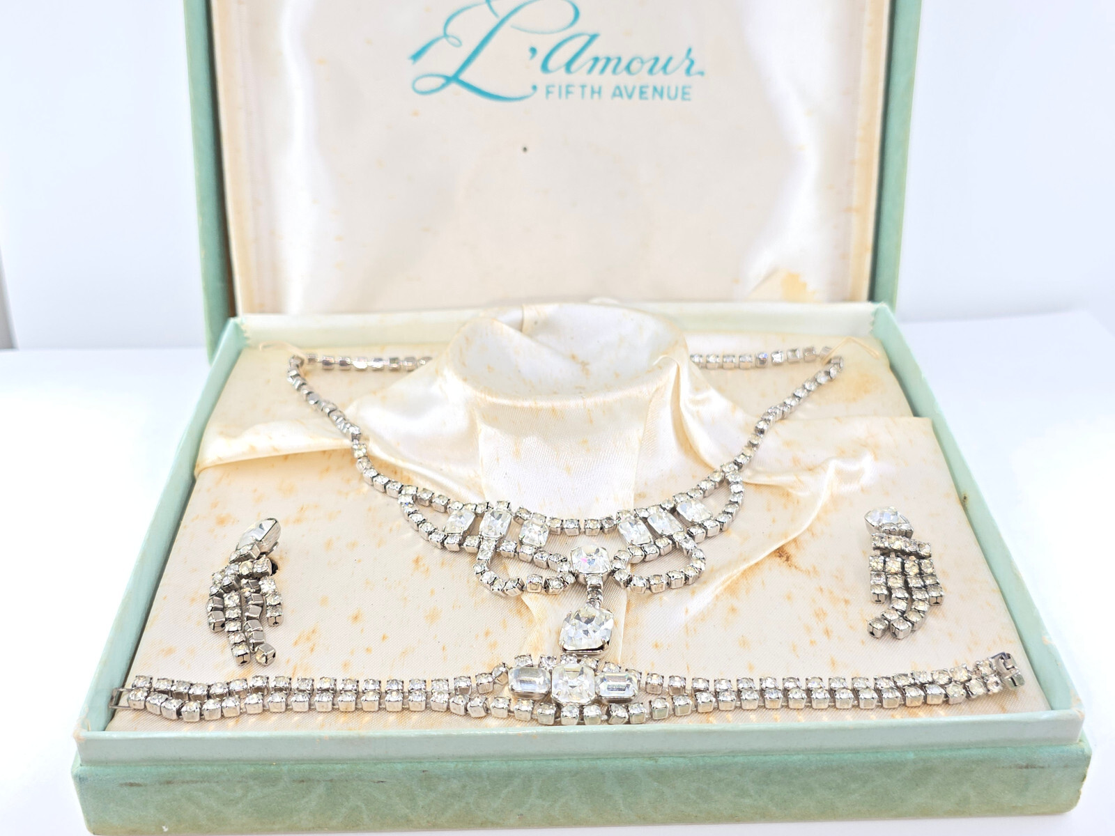 VTG 1950’s L’AMOUR FIFTH AVE. RHINESTONE CRYSTAL DEMI PARURE 3 pcs JEWELRY SET