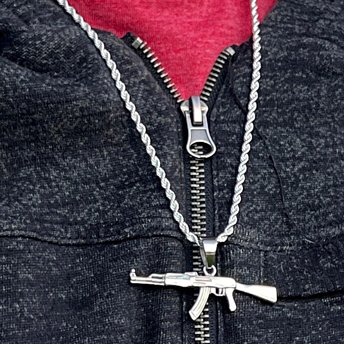 Men’s Silver Tone Rope Chain 24″ 3MM w/ Stainless Steel AK-47 Gun Rifle Pendant