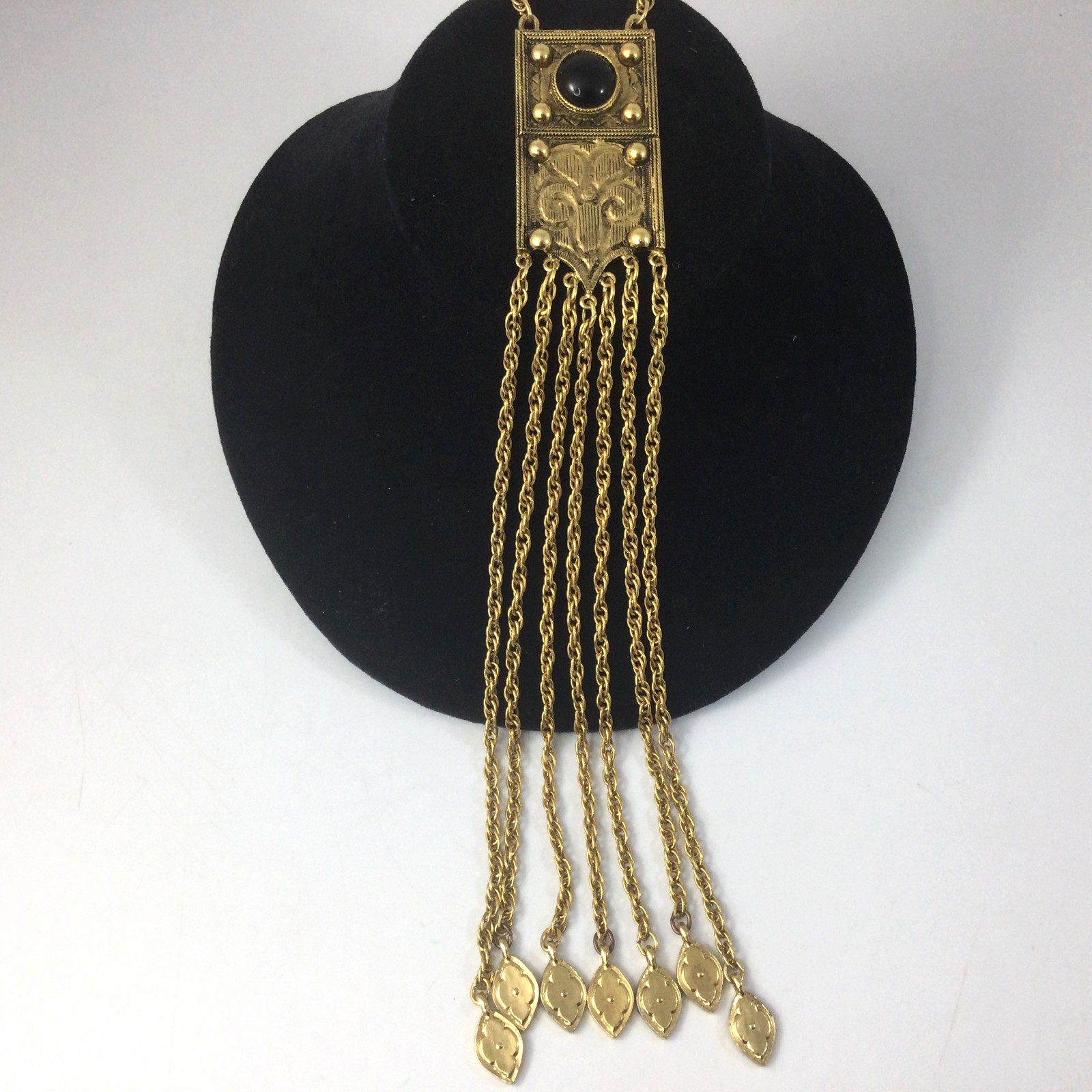 NYC Rectangular Gold Tone Brass Necklace Statement Bold Dangling Fringe