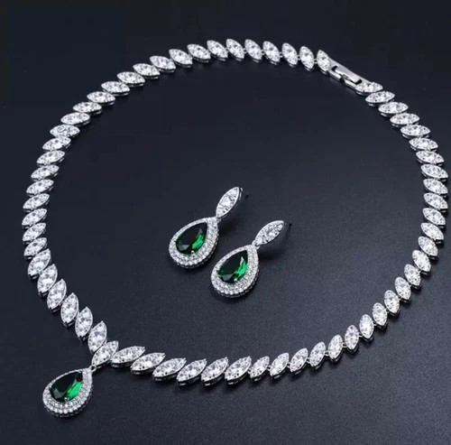 18k Platinum Plated Made Simulated Diamond Necklace Earrings Green Jewelry Set