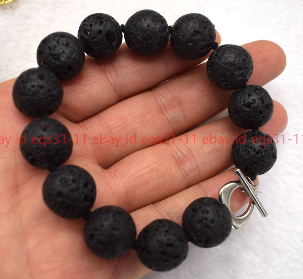 Pretty Large 10/12/14mm Black Lava Rock Round Gemstone Beads Bracelet 7.5”