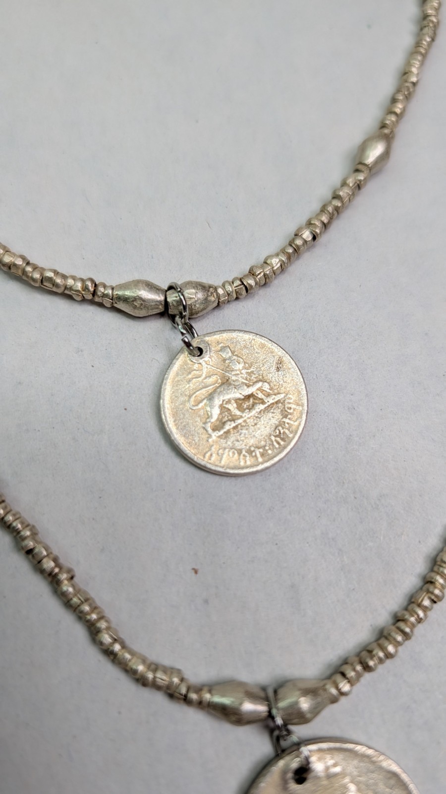 Emperor Haile Coin Necklace Silver Over Copper Double Strand Layered 30-34″