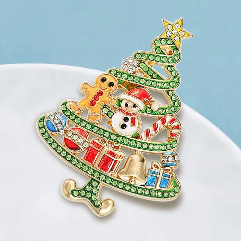 Snowman Christmas Tree Brooch Pin Rhinestone Enamel Holiday Gifts