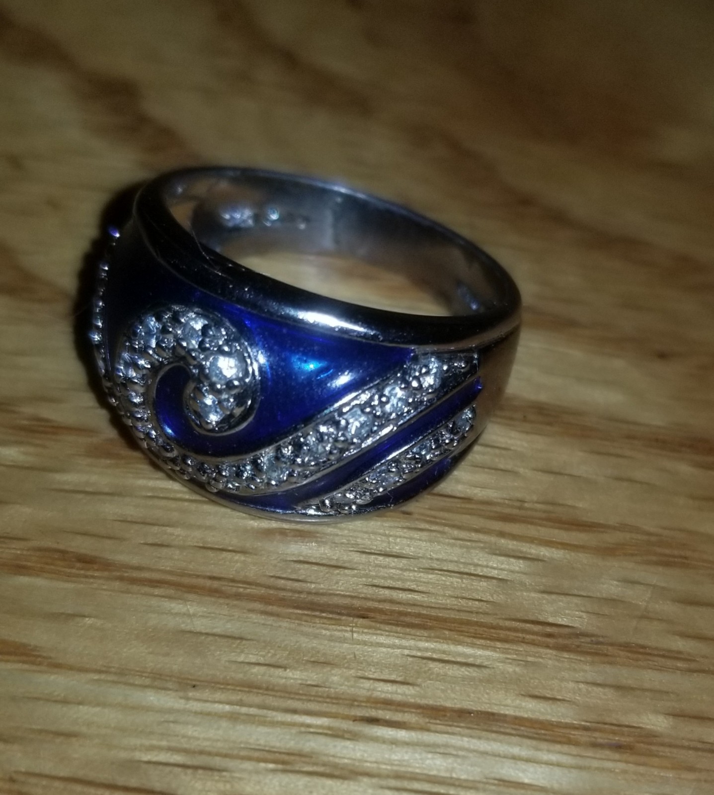 Vintage Hildago? Blue Enamel CZ Wave Ocean 925 Band Ring Sterling Silver 8.2 G