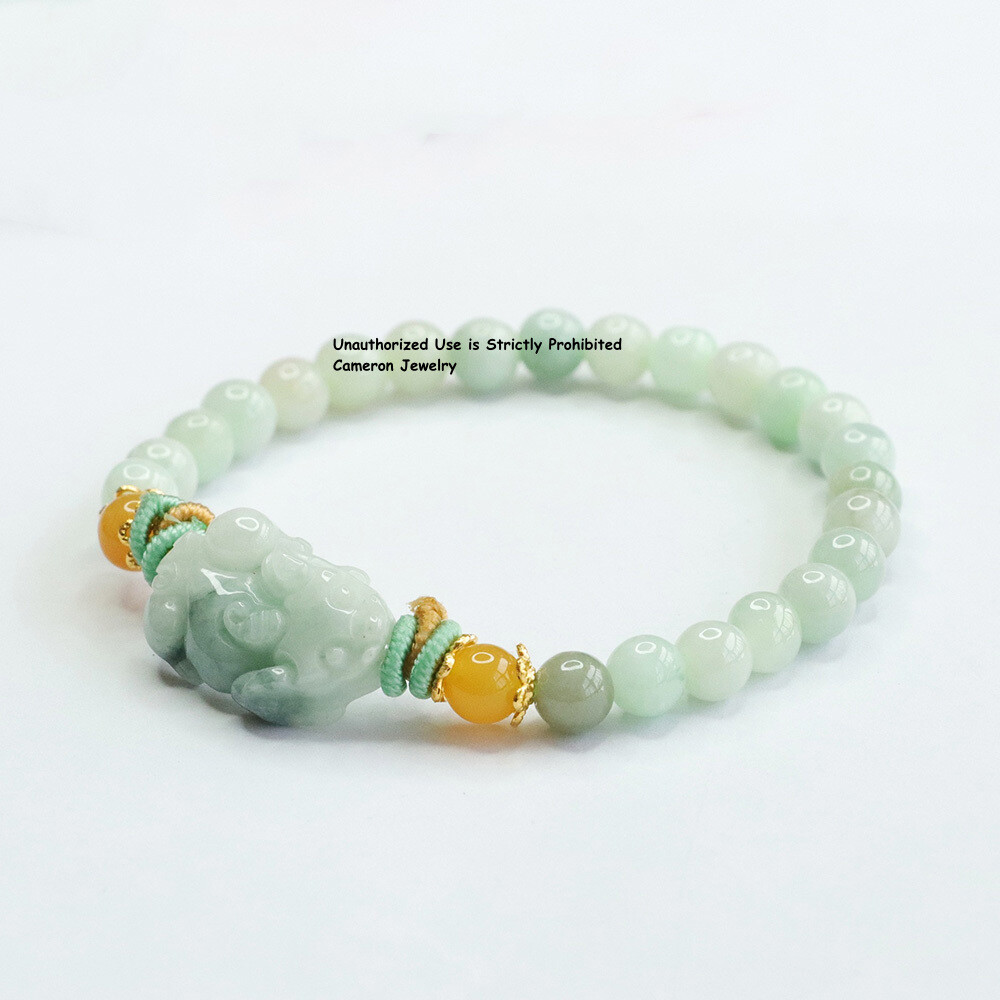 Real Natural Green White Jade Jadeite Women Lucky Pixiu 6mm Beads Bracelet