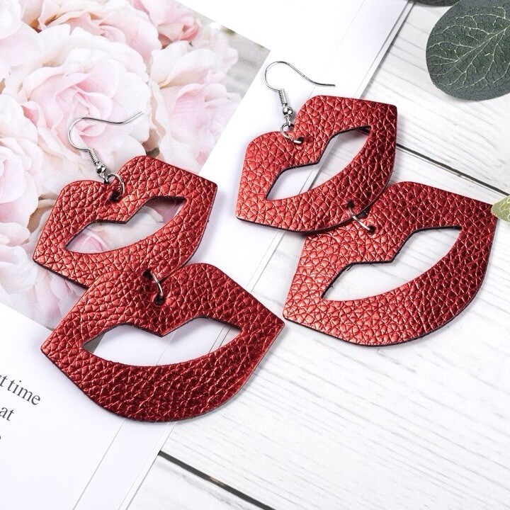 Red Lips Dangle Earrings Faux Leather Statement Jewelry Lipstick Kiss Cute Love