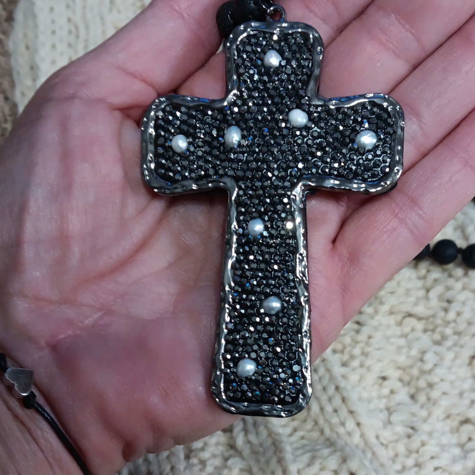 Black Silver Beaded Ball Chain Necklace Cross Charm Pendant Religious