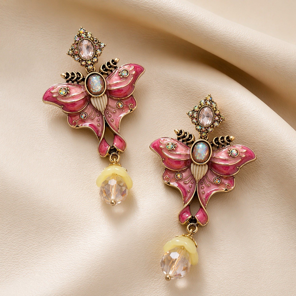 Museum Art Deco Butterfly Moth Earrings Enamel Crystal Nouveau Antique CZ VTG