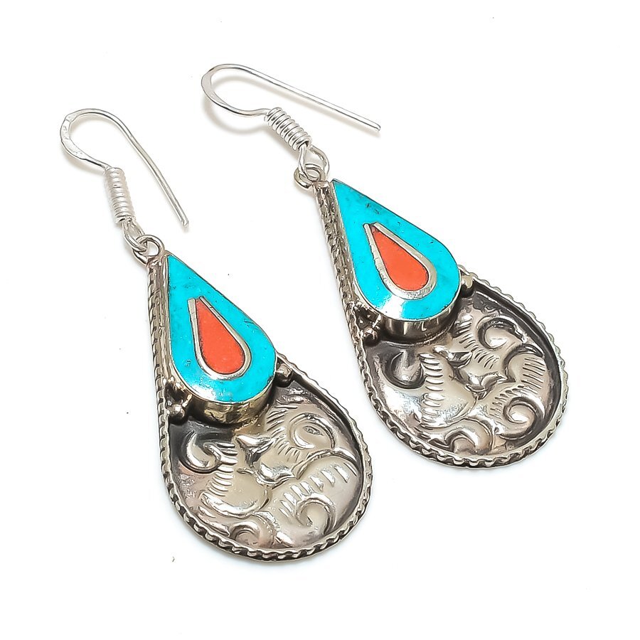 Red Coral Turquoise Earrings Tibetan Silver Vintage Nepali Jewelry 2.60″ NE 5212