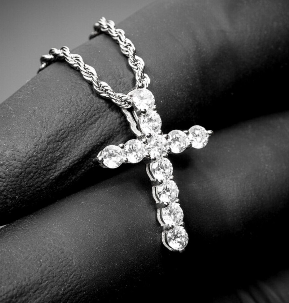 Iced Cz Elegant Small White Gold Hip Hop Cross Pendant Rope Chain Necklace