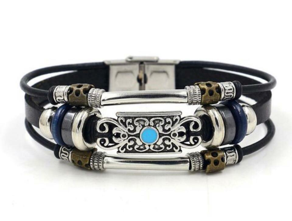 Vintage Handmade Unisex Black or Brown Silver Beads Leather Multilayer Bracelet