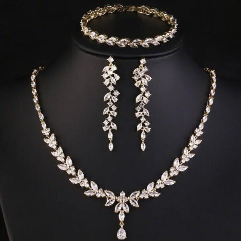 Crystal CZ Wedding Necklace Set, Gift for Her, Bridal Jewellery, Droplet Earring