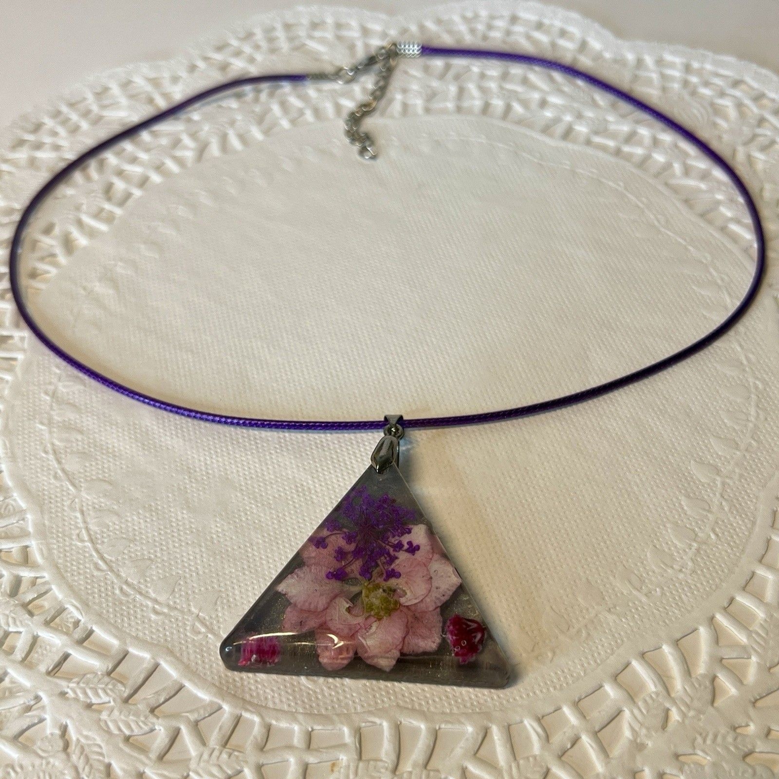 Goth Pink Pressed Flowers On Black Pendant Necklace 18″ Waxed Cord w/ Ext