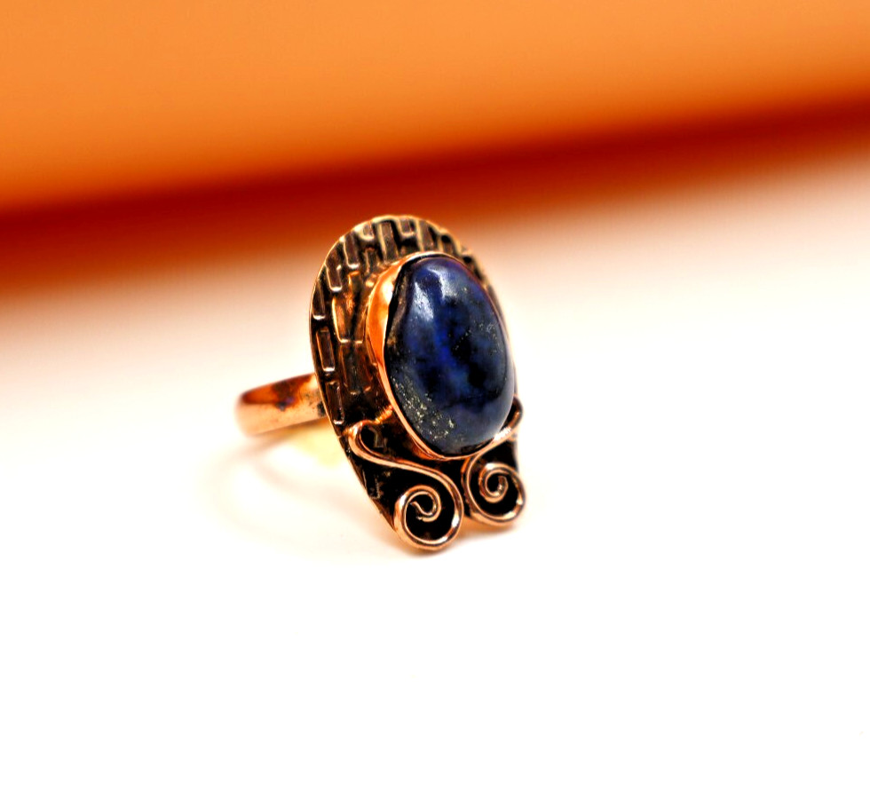 Lapis Lazuli Handmade Healing Textured Ring Copper Spiritual Boho Design US”6.25