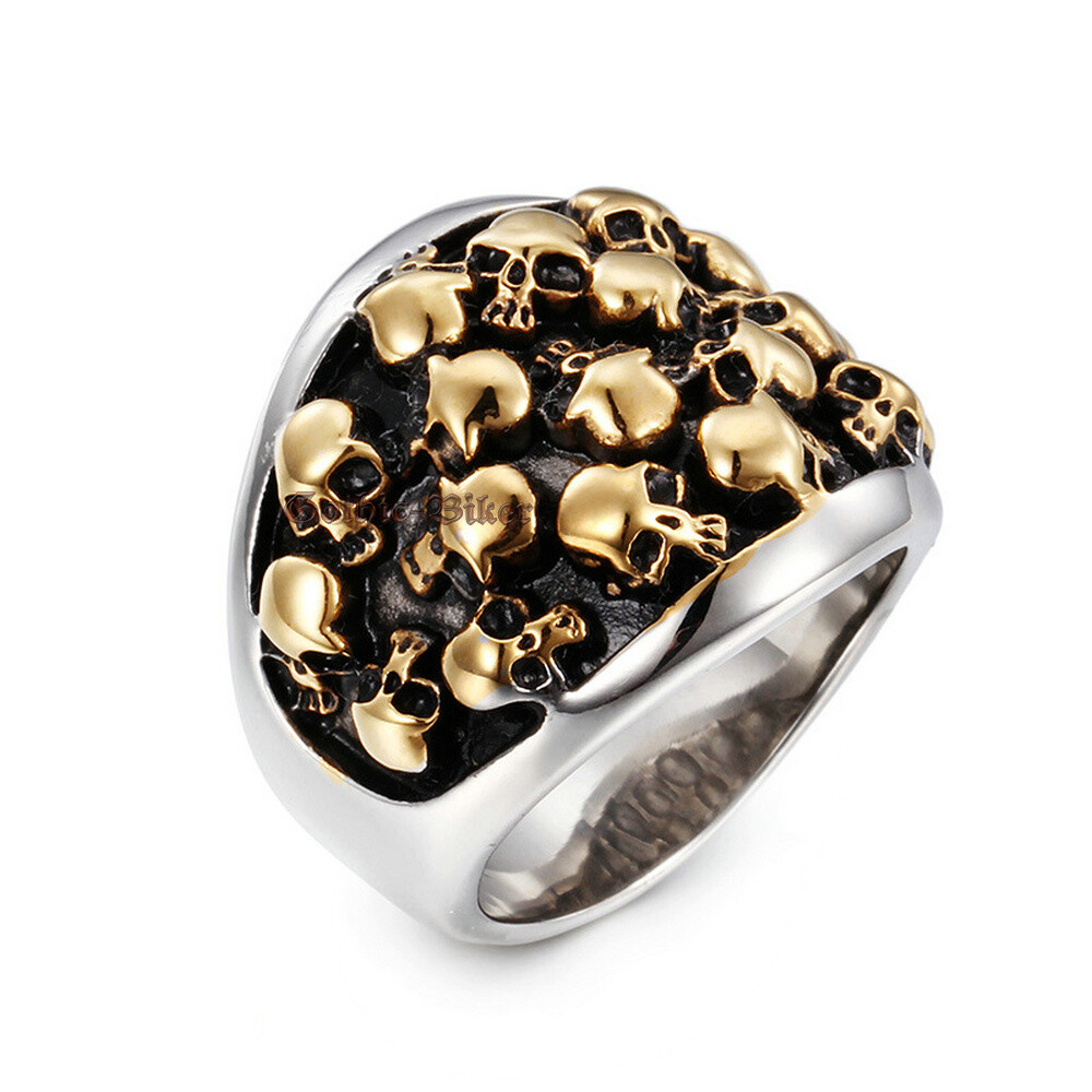 Men’s Wide Heavy Multi Skulls Biker Ring Gothic Punk Thick Stainless Steel Band