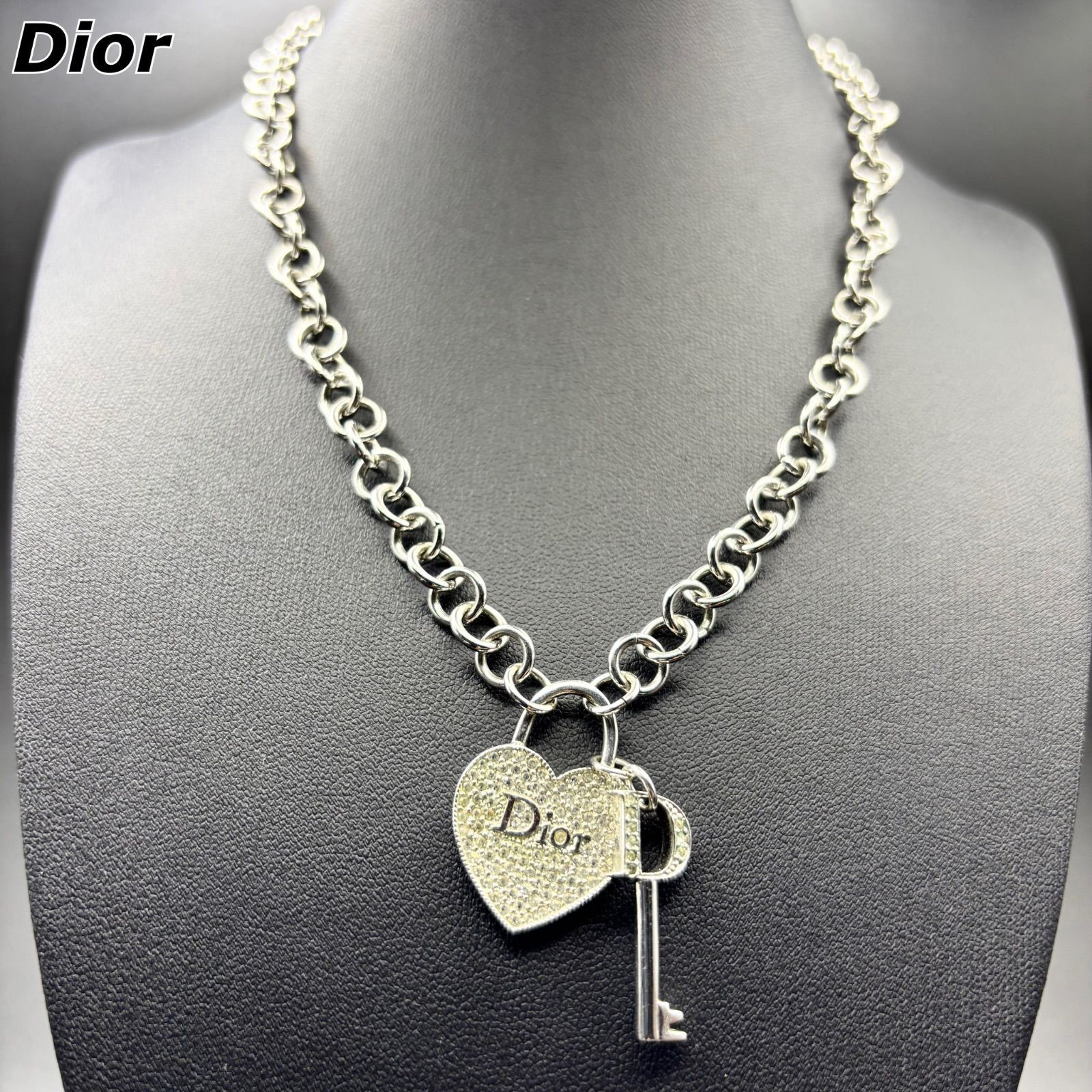 Dior Rhinestone Heart Key Necklace D Logo With Case From Japan