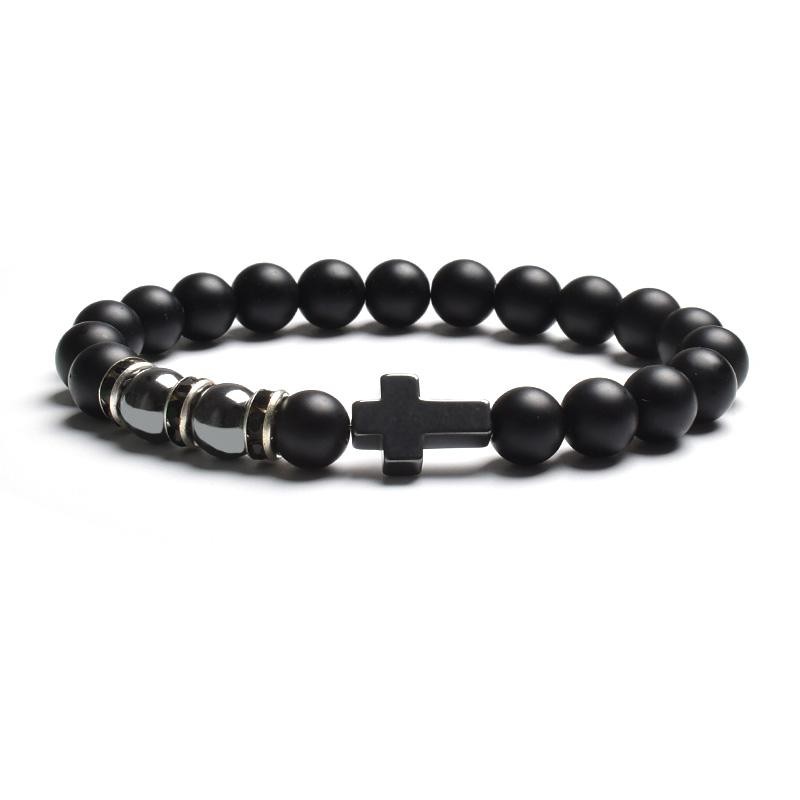 Tiger Eye & Black Agate Beaded Bracelet Men Women Elastic Cross Faith Jewelry