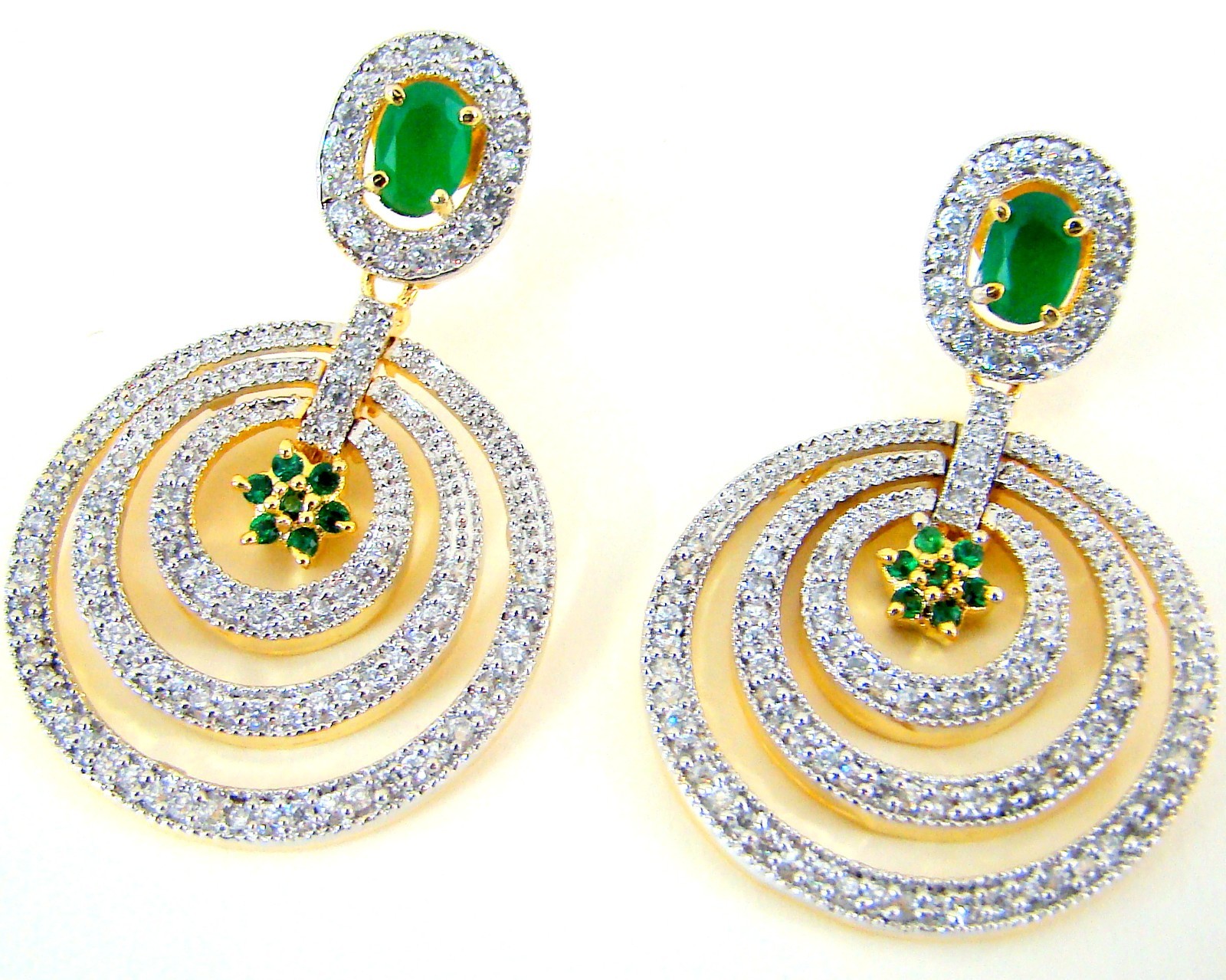 Green Cubic Zirconia CZ Cocktail Earrings Golden Brass American Diamond Dangle