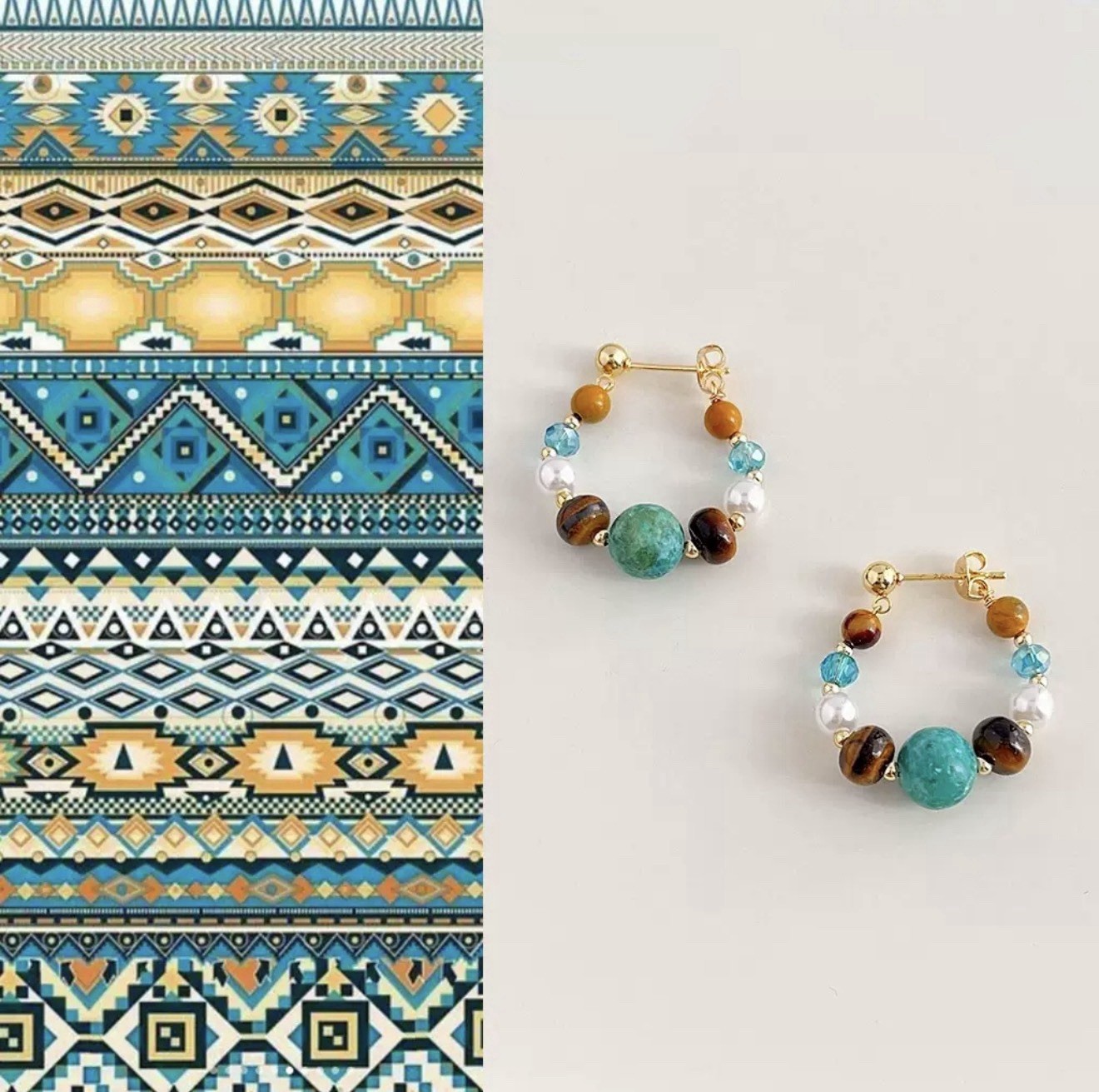 Handmade Natural Turquoise Tiger Eye Hoop Earrings, 925 Silver Post