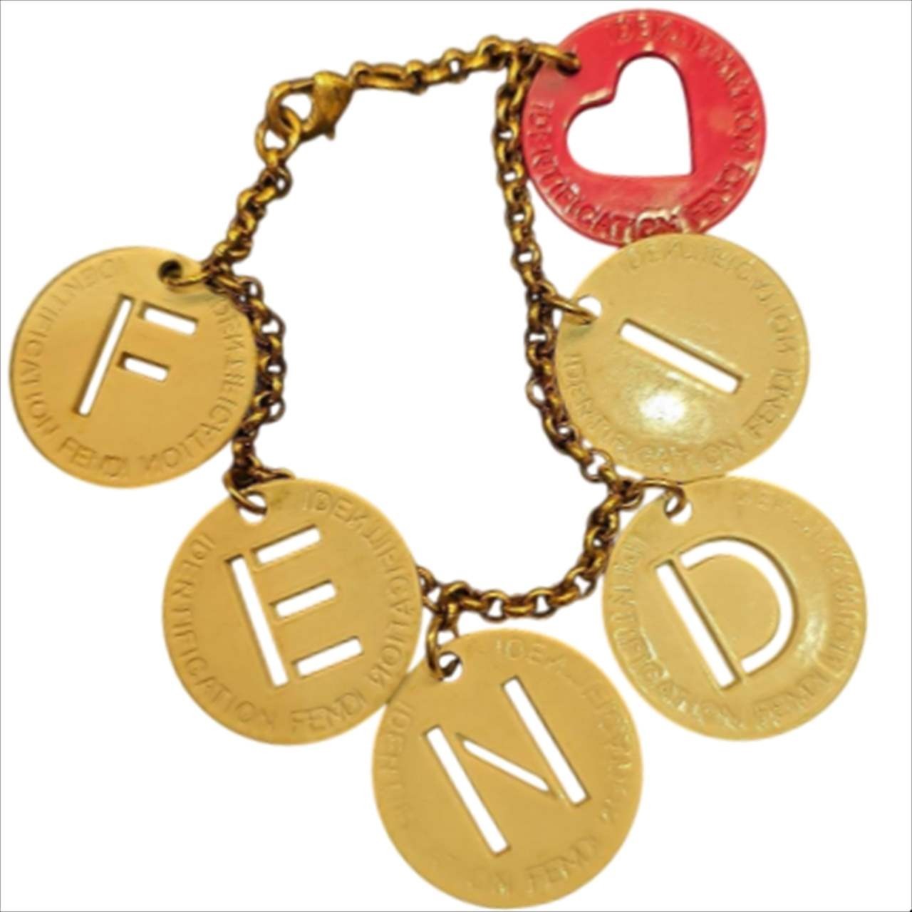 FENDI Chain Bracelet Logo ID Charm Red Heart Lobster Clasp Gold Vintage
