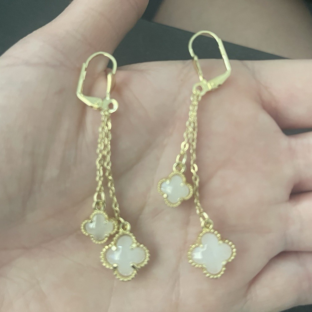 Gold Tone Clover Dangle Drop Hook Earrings Metal White Accents No Stone