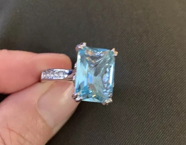 Blue Topaz CZ Ring Set Size 8.5 Stainless Steel Radiant Cut Silver Tone FREE SHP