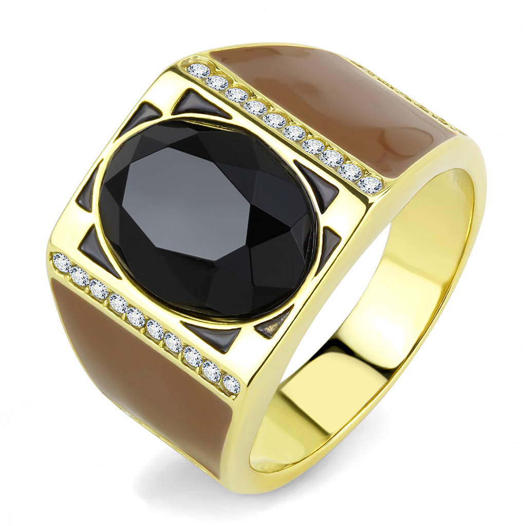 TK3465 – IP Gold(Ion Plating) Stainless Steel Ring with Synthetic Onyx in Jet
