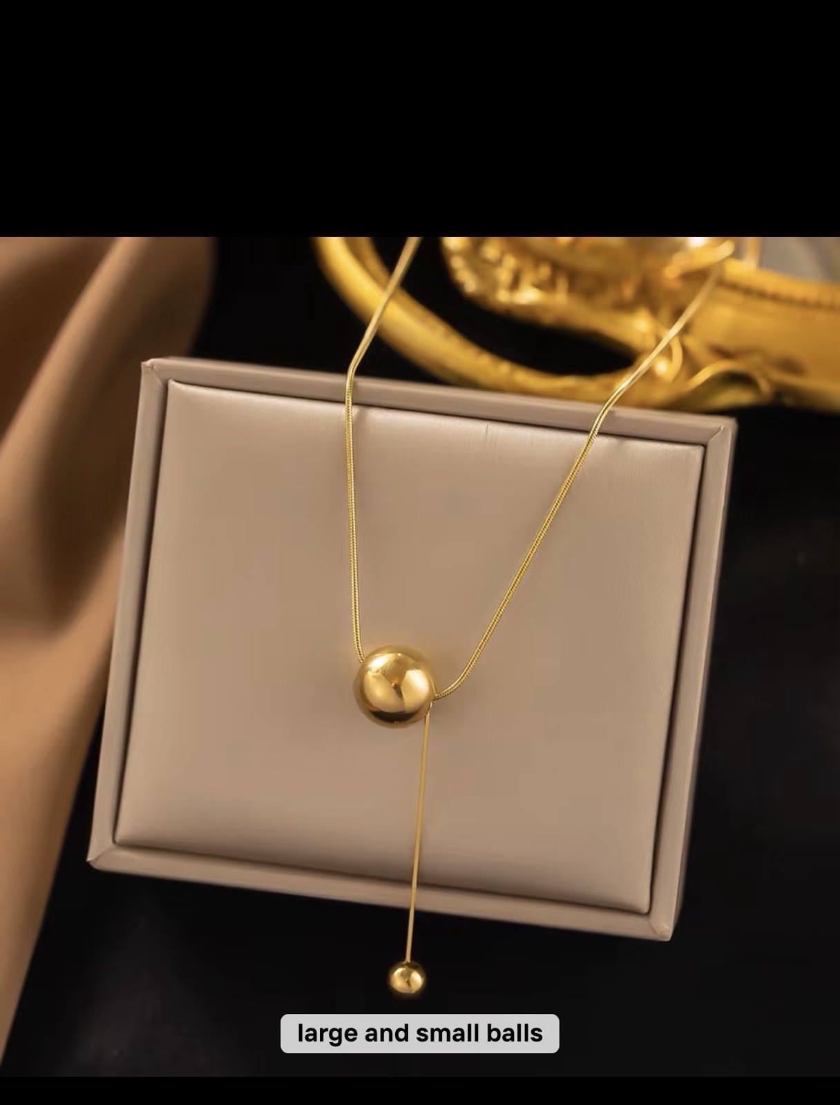 Gold Tone Adjustable Ball Bead Pendant Necklace, Snake Chain, No Stone